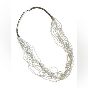 White Seed Bead Multi Strand Necklace Boho Artisan Layered Statement 16” Drop